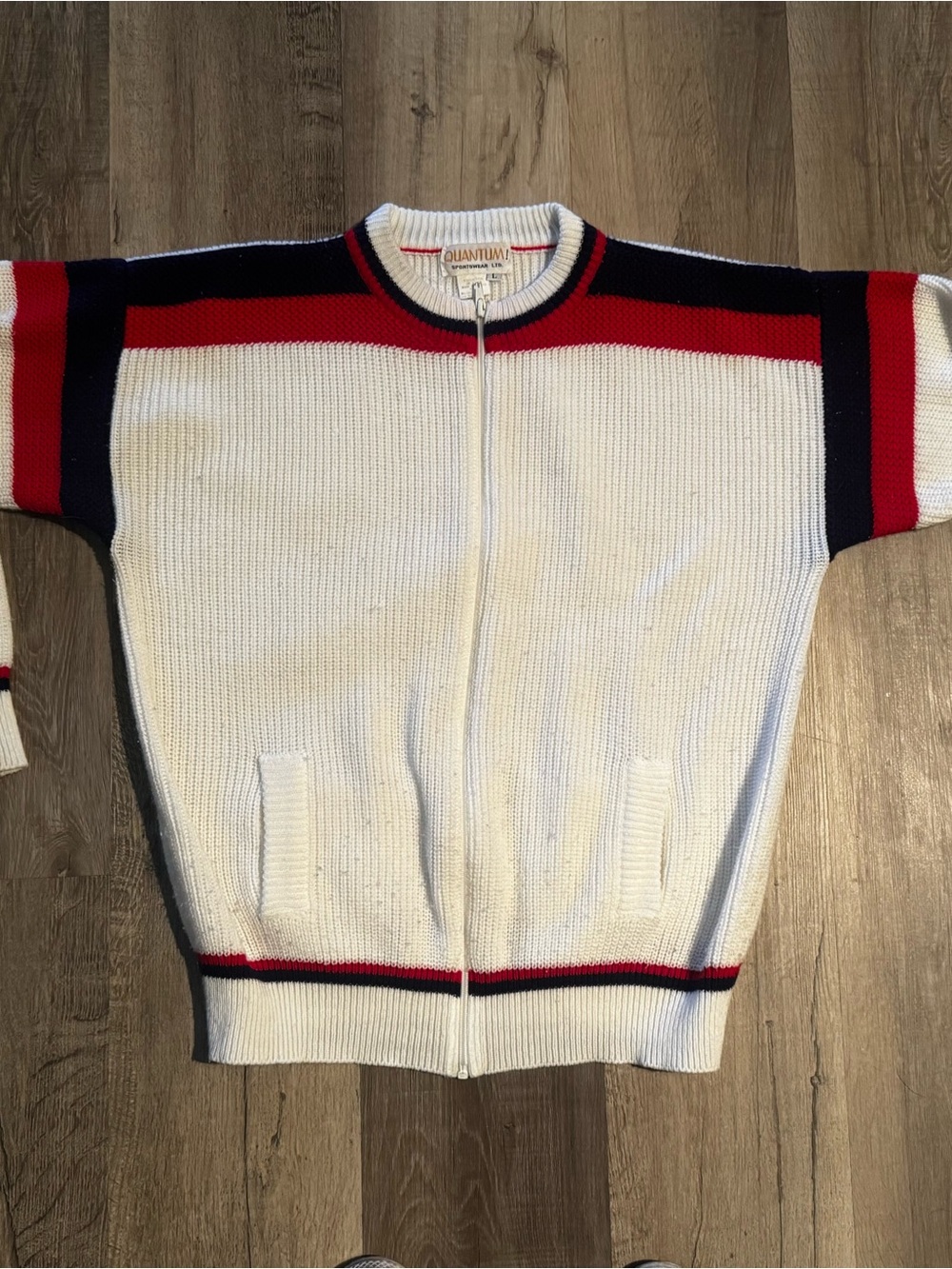 Vintage White Zip-Front Men's Sweater with Red & Navy Stripes